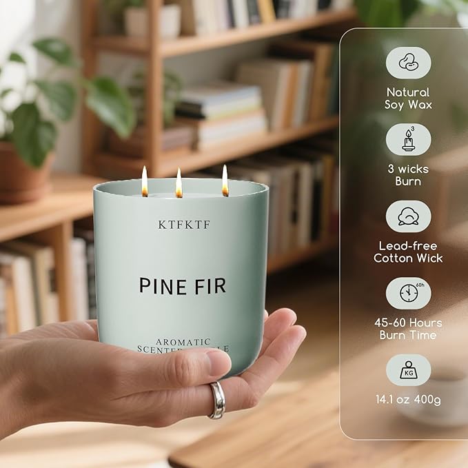 Pine Fir Scented Candle for Home, 14.1oz 80H Long Lasting Aromatherapy Candles for Relaxation & Freshness, Non-Toxic Essential Oil & Soy Wax | Crisp Woody Forest Fragrance