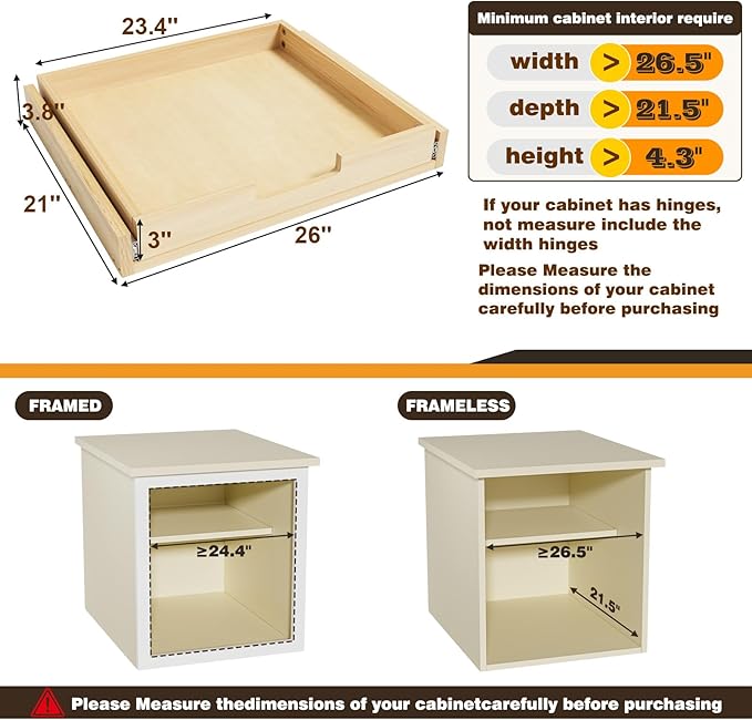 Pull Out Cabinet Organizer, 26''W×21''D Sliding Drawers for Cabinets, Soft Close Slide Out Wooden Pull out Drawers, Base Cabinet Organization for Kitchen, Pantry, Bathroom