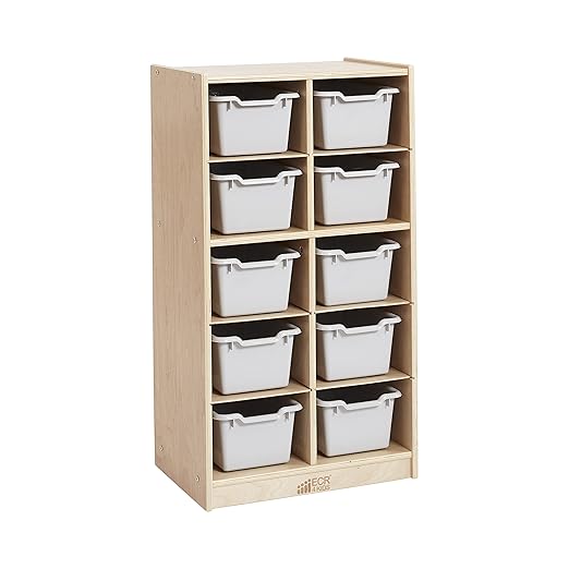 ECR4Kids 10 Cubby Tray Cabinet with Scoop Front Storage Bins, 5x2, Natural, Classroom Furniture, Light Grey