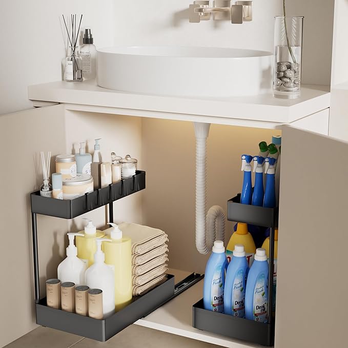 Creahaus 2 Pack Under Sink Organizer with Metal Slides, 2-Tier Kitchen Bathroom Organizers and Storage, Pull Out Cabinet Organizer for Bathroom Sink, Kitchen Sink Organizer