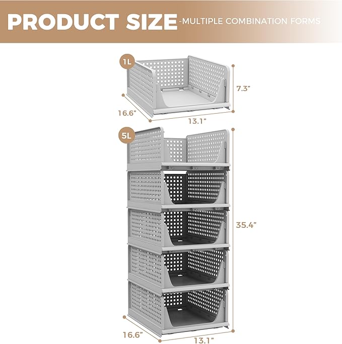 Pinkpum 5 Pack Folding Closet Organizers Storage Box, Stackable Plastic Drawer Basket for Clothing, Stackable Storage Bins Shelf Storage Container for Closet Wardrobe Bedroom Bathroom Office (Grey)