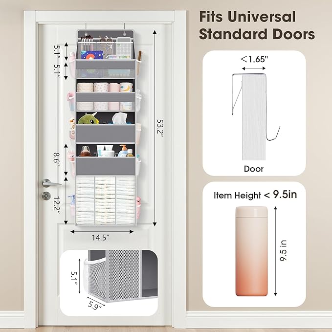 WISELIFE 5-Tier Over the Door Organizer for Hanging - 50LB Heavy-Duty Back of Door Organizer with 5 Spacious Pockets & 13 Mesh Pockets, Multipurpose Storage for Nursery, Bedroom, Closet(1 Pack, Gray)