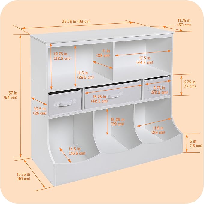 Badger Basket Combo Toy Storage Organizer and Bookshelf - Kids Storage Unit with 3 Removable Baskets, Open Shelves, Top Display Surface - White