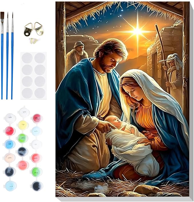 Bowetile Nativity Scene Paint by Numbers for Adults Beginners Framed, Adults' Paint-by-Number Christmas Kits on Canvas, Acrylic Number Painting Christmas Gifts for Home Wall Decor, 8x12in