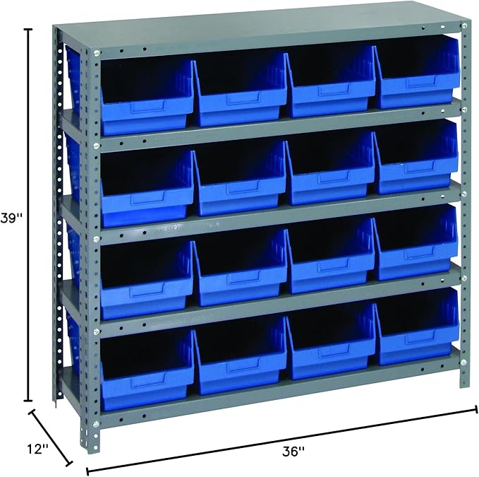 Quantum Storage Systems 1239-207BL Store More Steel Shelving Unit with 6" Shelf Bins, 12" D x 36" W x 39" H, Blue
