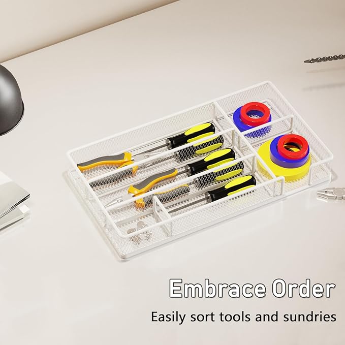 Desk Drawer Organizer Tray, Mesh Desk & Office Drawer Organizer, Suitable for Tools, Pencils & Office Supplies Storage (White)