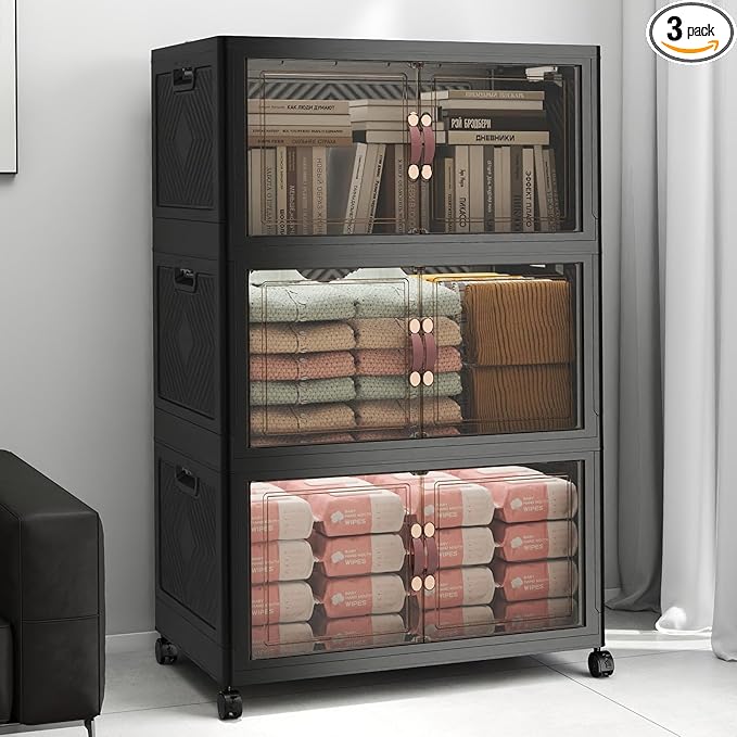 UAMFURI Stackable Storage Bins with Lids, 360QT Closet Organizers, Lockable Storage Cabinet, Foldable Storage Box with Doors and Wheels, Plastic Drawers for Home, Garage, Office (3, Black, Large)