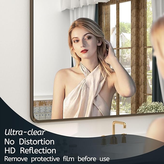 OKPAL 60x36 Bathroom Vanity Mirror for Wall, Large Bronze Framed Mirror with Brushed Metal Frame, Rounded Bronze Rectangle Mirror, Shatterproof, Anti-Rust (Horizontal/Vertical)