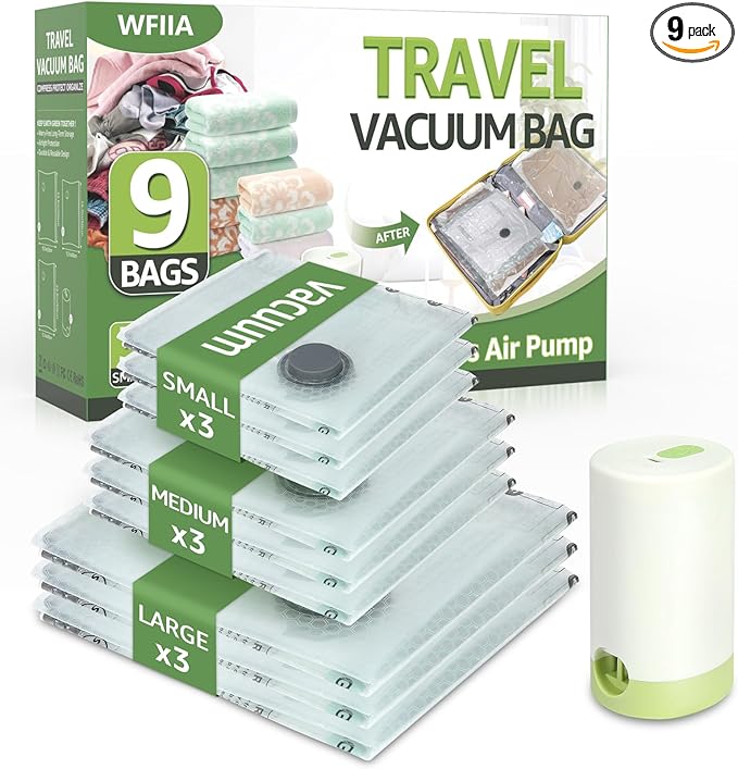 Vacuum Bags for Travel with Rechargeable air Pump, 3 Sizes Vacuum Seal Bags for Clothing, Space-Saving Compression Storage Bags for Travel & Closet Organization (9)