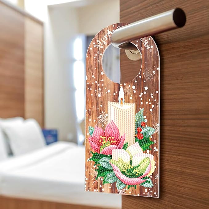 5D Diamond Art Painting Christmas Candle Door Knob Hanger Decorations DIY Kits Wood Diamond Art Christmas Door Handle Hanging Sign Special Shaped Gem Paint by Number Mosaic Home Room Front Door Decor