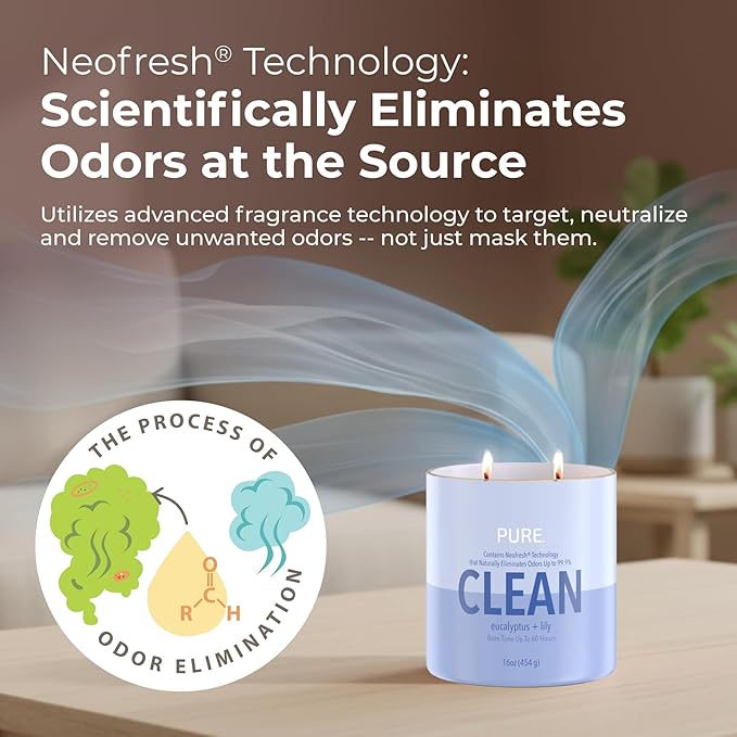 Candle-Lite Pure Eucalyptus & Lily Odor Eliminating Scented Candles, Neofresh Technology Eliminates 99.9% of Odors, 16 oz 2-Wick Jar, Proudly Poured in The USA, Up to 60 Hours Burn Time