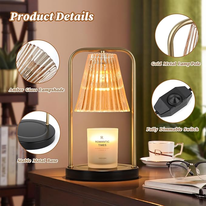 Candle Warmer Lamp for Jar Candles, Mothers Day Gifts for Mom, Vintage Electric Candle Melter House Warming Gifts Home Bedroom Decor, Dimmable Melt Warmer for Scented Wax with 2 Bulbs