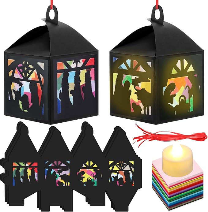 Simgoing 12 Sets Christmas Nativity Lanterns Crafts with LED Candles Lights Christmas Tissue Paper Crafts Kits DIY Birth of Jesus Religious Lanterns for Xmas Party Decor Classroom Activities