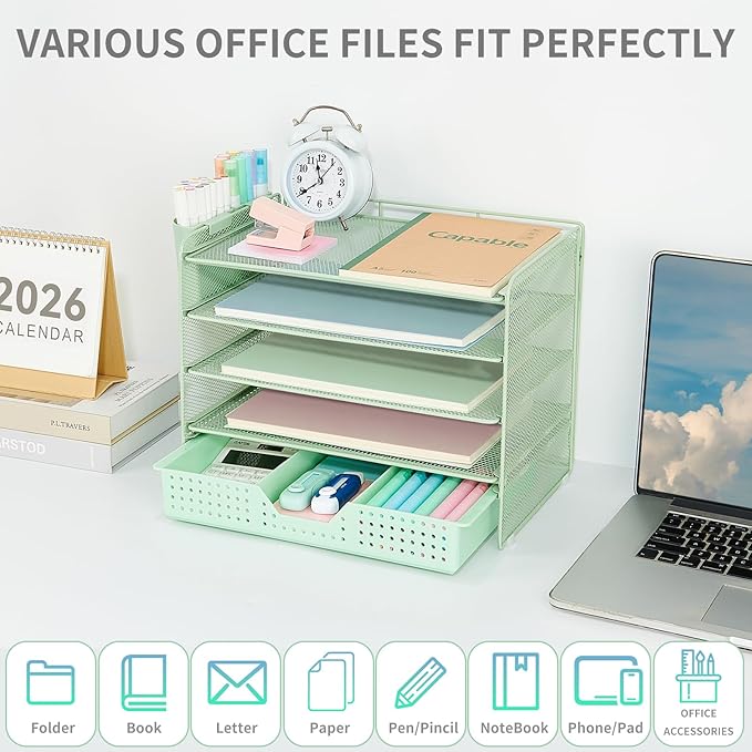 LEKETREE Desk Organizers and Accessories, 5-Tier Paper Letter Tray Organizer with Drawer & 2 Pen Holders, Desktop Organizer for Office Supplies (Green)
