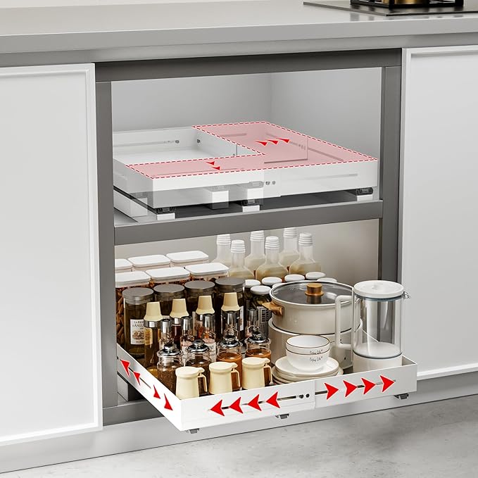 Pull Out Cabinet Organizer With Raising Pad for Framed Cabinets,Adjustable Depth(12.8"-17.5") And Width(14.8"-20.5"),Slide Out Drawers,No Drill Design,Heavy Duty Storing,White