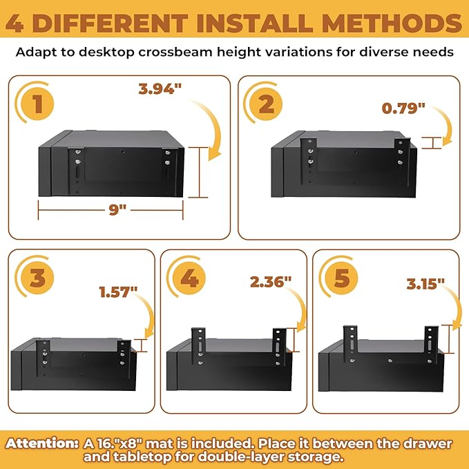 POPMOON Under Desk Drawer For Desk 16.6in,Adjustable Height, Pull out Storage Organizer with Slide Extension Mounted Under Flat Wooden Table or Workbench, Carbon Steel Hidden Desk Drawer