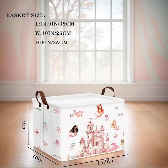 Cute Rectangle Baby Girl Gift Basket Toy Storage Bin Nursery Playroom Bedroom Decor (Pink Castle)