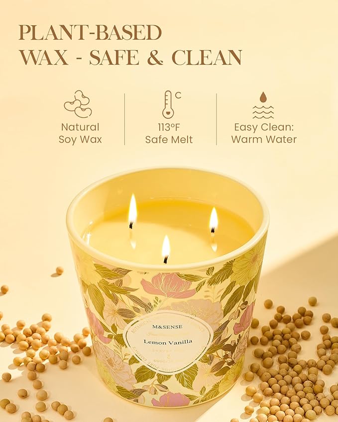 M&SENSE Lemon Vanilla Scented Candle, 28.2oz 3 Wick Natural Soy Wax Large Candles, Long Lasting Clean Slow Burning No Toxic Décor for Home Relaxation, Romantic Dates & Gift-Giving