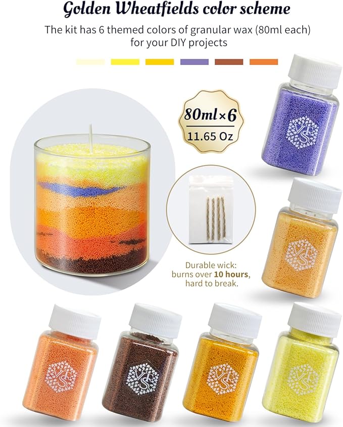 Golden Wheatfield DIY Pearled Candle Sand Set - 11 Oz Sand Wax Beads (6 Colors), 2x10ml Scented Essential Oils, 4 Reusable Wicks, Glass Cup & Spoon, Home Decor & Handmade Gift & Craft Enthusiasts