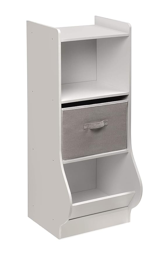 Badger Basket Upright Storage Nook with Reversible Basket - Melamine Surface, 2 Shelves & 1 Angled Bin, Customizable Storage Solution for Kids - White