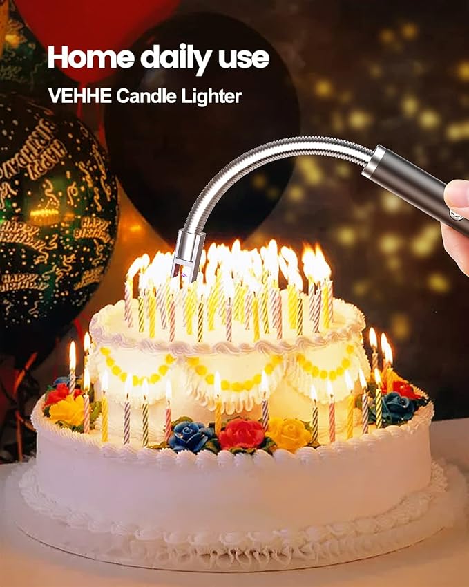 VEHHE Candle Lighter, 2 Pack Rechargeable Electric Lighter with LED Battery Display Safety Switch, Flexible Neck USB Lighters for Candles Camping Grill Gas Stoves Cooking (Black & Pink)