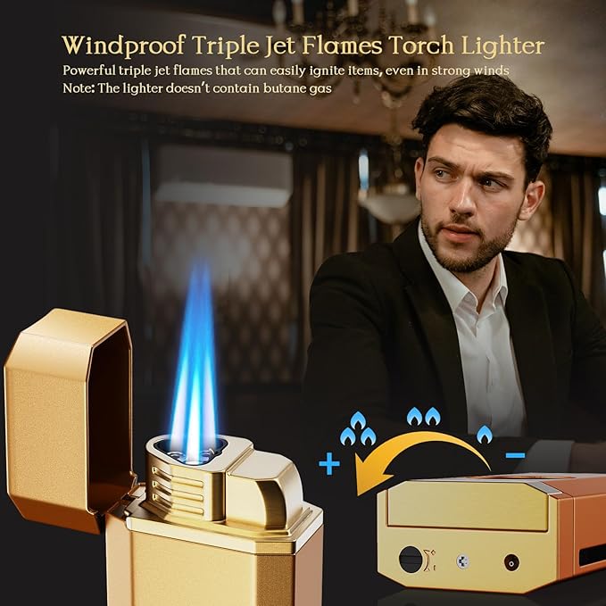 Triple Jet Torch Lighter with One-Touch Cutter, Holder, Draw Enhancer Tool, Gifts for Men, Butane Refillable Lighter, Multifunctional All-in-one Lighter with Accessories, for Outdoor Travel, Candles