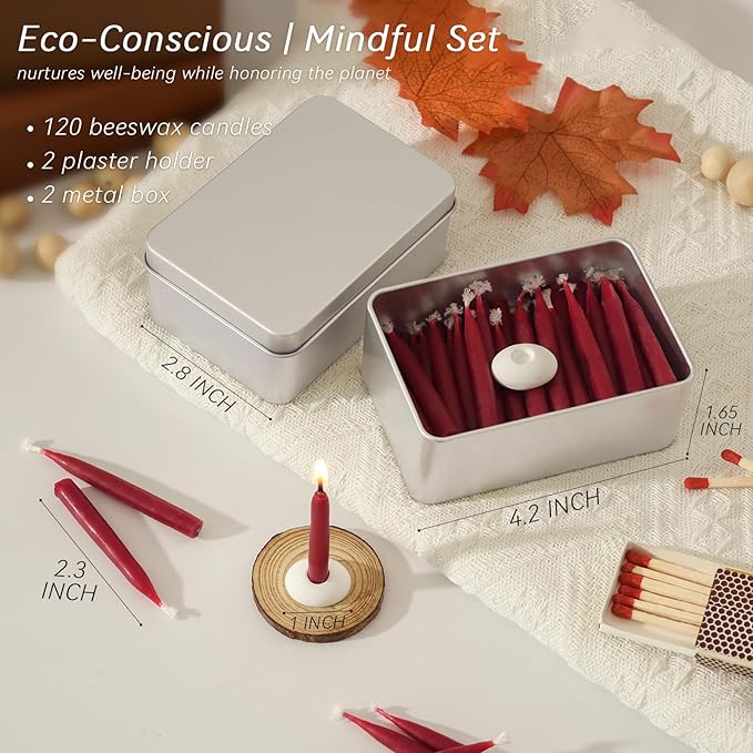 20 Minute 100% Pure Beeswax Candles, Mini Mindful Meditation Taper Candles, Smokeless & Dripless with Holder for Yoga, Prayer, Relaxation (Red,120 Pack)