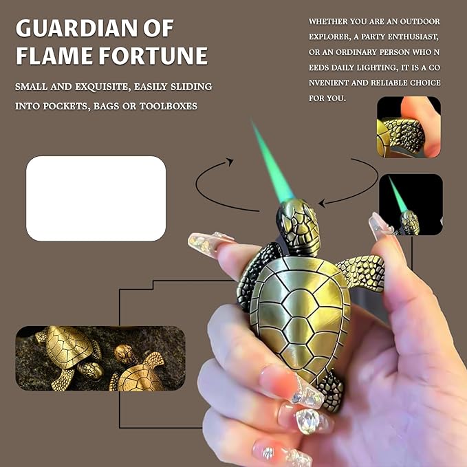 Torch Lighter for Men - Refillable Butane Lighter with Adjustable Jet Flame, Vintage Golden Turtle Design, Unique Desk Decor & Birthday Gift (No Butane Gas) (04)