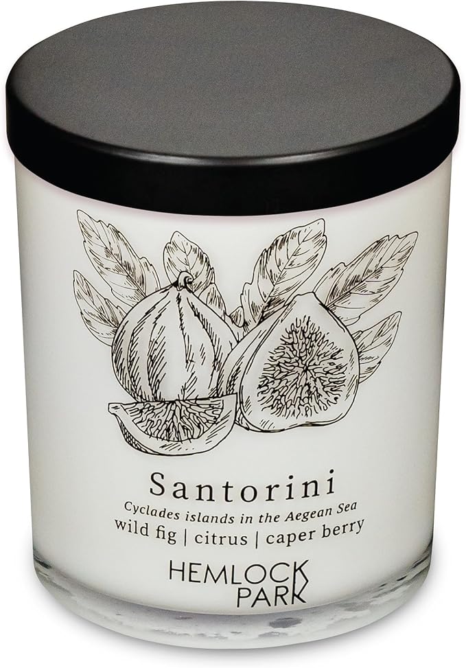 Hemlock Park Travel Inspired Passport Crackling Wood Wick Candle Handcrafted with Natural Plant-Based Coconut Wax (Standard 7.2 oz, Santorini | Wild Fig, Citrus, Caper Berry)