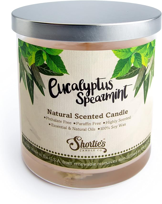 Eucalyptus Spearmint Scented Natural Soy Candle, Essential Fragrance Oils, 100% Soy, Phthalate & Paraben Free, Clean Burning, 9 Oz.