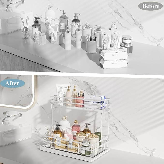 2 Pack Under Sink Organizers and Storage, 2 Tier Pull Out Cabinet Organizer, Metal Sliding Drawer Storage for Kitchen Bathroom, White