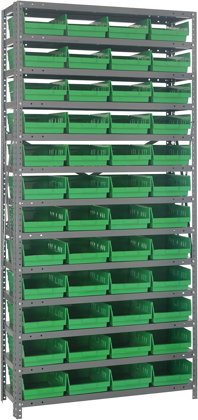 Quantum Storage Systems 1275-107GN Steel Shelving Unit with 4" Shelf Bins, 12" D x 36" W x 75" H, Green