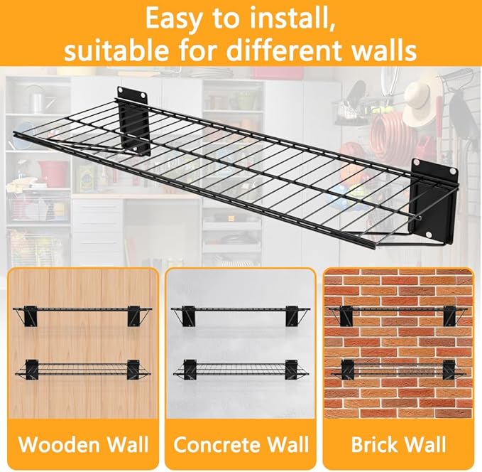 Wall Shelf 24'' x 11'' Garage Wall Mounted Storage Shelves, Heavy Duty Metal Wire Shelving Storage Rack for Garage, Office, Basement and Kithcen, Max Load 90lb,Black, 2-Pack