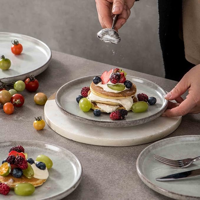 Henten Home Ceramic Dessert Plates, 8 Inch Porcelain Salad Plates Set of 4, Fluted Round Snack Plates for Kitchen, Cake Serving Stoneware Dishes, Reactive Glaze, Scratch Resistant (Grey)