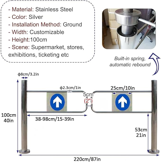 Automatic Rebound Swing Gate Wide Stainless Steel Entrance Manual Door，Automatic Rebound Swing Gate - 87in Stainless Steel Safety Door for Supermarkets, Libraries & Parks - Spring-Loaded Sel
