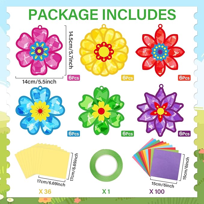 Qyeahkj 36 Set Flowers Suncatchers Crafts for DIY Spring Floral Window Tissue Paper Craft Kit Hanging Decor for Mother's Day Gifts Home Activity Art Project Birthday Party Favor