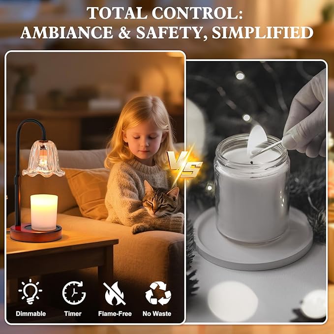 Candle Warmer Lamp Electric: Timer Dimmer Candles Warming Jar Light - Height Adjustable Dimmable Warmers Lamps - Flower No Flame Lamps with Heat Warm Melt Wax - Home Bedroom Decor Table Light
