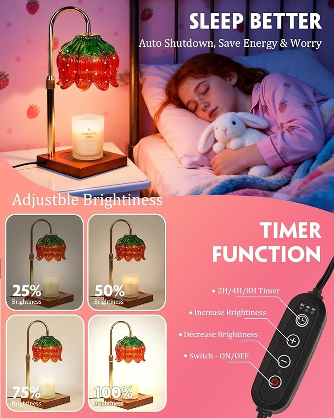 Strawberry Candle Warmer Lamp with Timer Dimmer, Adjustable Height Mothers Day Birthday Gifts for Women Mom House Warming Gifts New Home Bedroom Decor, Cute Candle Warmer Light for Jar Candles