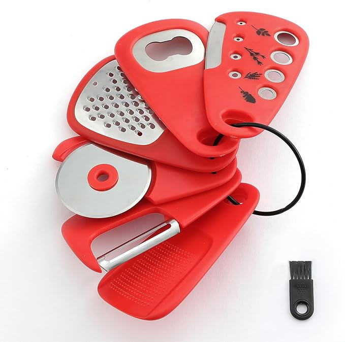 Kitchen Gadgets Set 6 Pieces, Space Saving Cooking Tools Kitchen Accessories-Garlic/Ginger Grinder, Cheese Grater, Vegetable/Fruit Peeler, Pizza Cutter, Herb Stripper, Bottle Opener, Gadgets Gift Set
