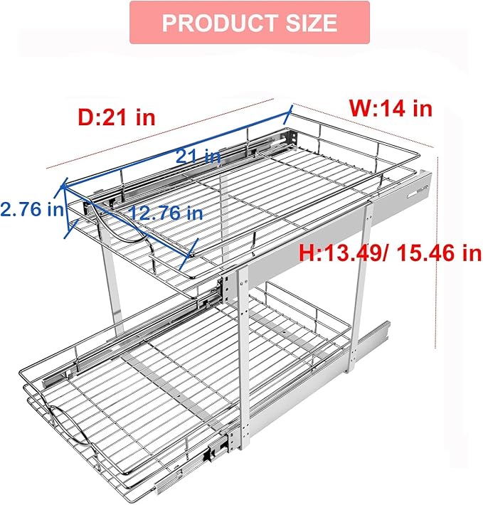 Sikarou Pull Out Cabinet Organizer 14" W x 21" D 2-Tier Individual Slide Out Drawer Pantry Shelf Storage for Kitchen Base Cabinet Organization for Kitchen, Bathroom, Pantry, Chrome