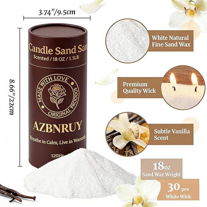 Pearled Candles Sand and 30 Wicks 18 Oz-Refillable Vanilla Scented Pearled Candle Non Toxic Luxury Long Lasting up to 120 Hours-Natural Pearl Powder Wax Sand Candle Beads Kit for Candles Making White