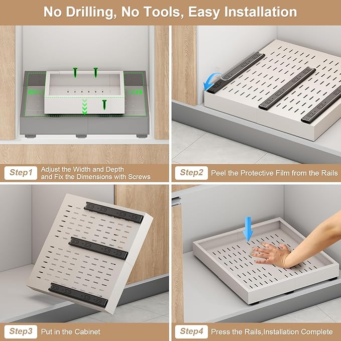 Pull out Cabinet Organizer,Width (11"-16") and Depth (17"-24") Expandable With 3 Rails,No Drill Adjustable Slide out Drawers for Kitchen,Pantry,Adhesive Roll out Shelves,for Cabinets Without Lip,White