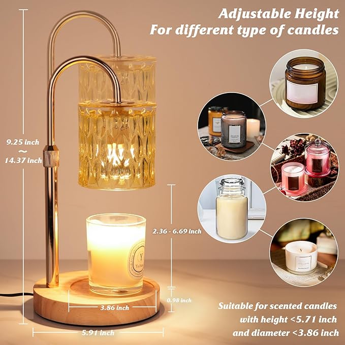 HAIDOLIANG Candle Warmer Lamp with Timer and Dimmer, Height and Brightness Adjustable,Glass Electric Wax Warmer with 2 Bulbs for Women Mom Gifts, Home Decor for Scented Jar Candles (Yellow)