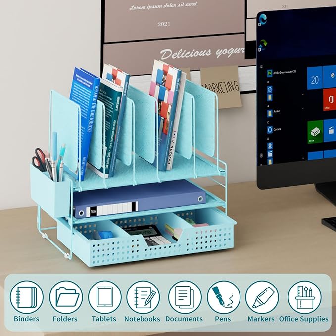 LEKETREE Blue Desk Organizer, Office Organization with Vertical File Holder, File Organizer with Drawer and Pen Holder, Desk Accessories and Workspace Organizers for Home Office (Sky Blue)
