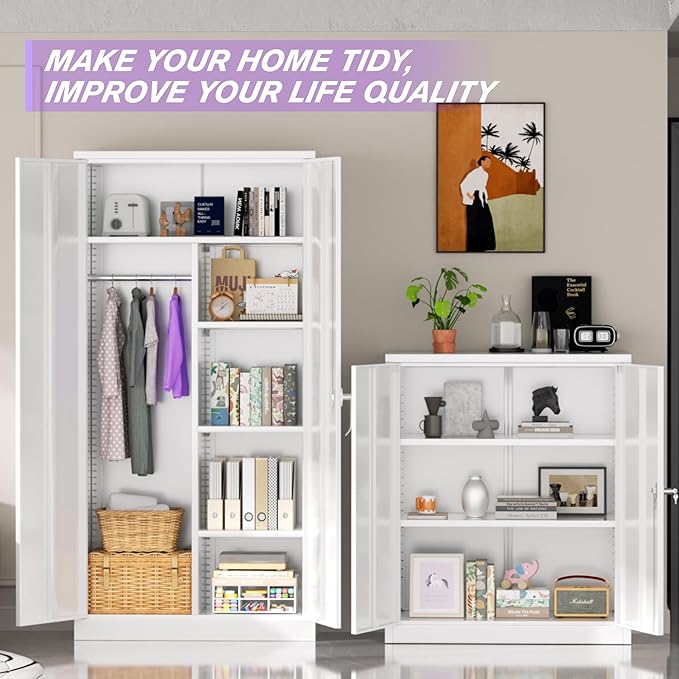 Superday 36" Metal Storage Cabinet, White Garage Storage Cabinets with Locking Doors and Adjustable Shelves, Steel Lockable Cabinets, Tool Cabinet for Home Office, Garage, School