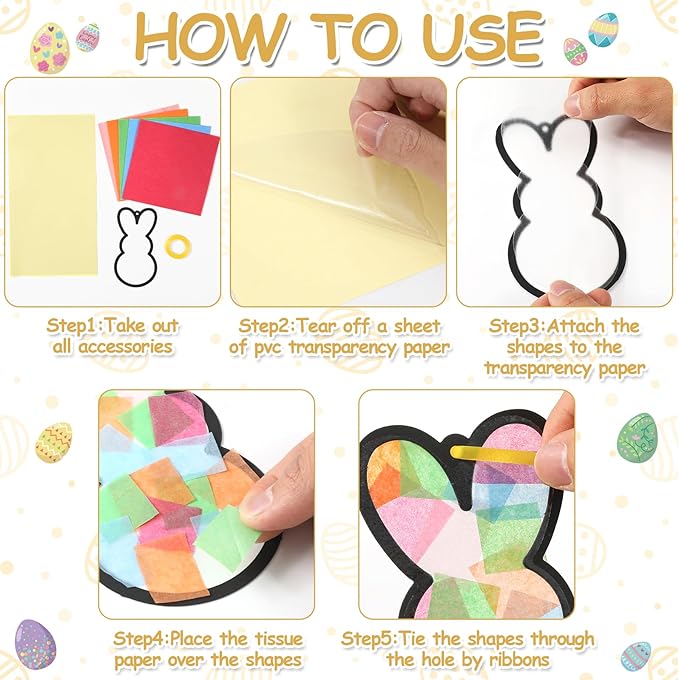 Qyeahkj 36 Set Easter Bunny Suncatchers Crafts for Kids DIY Colorful Rabbits Window Tissue Paper Craft Kit Hanging Decor for Easter Classroom Home Activity Art Project Birthday Party Favor