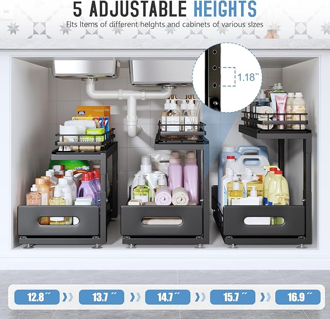 Under Sink Organizer Upgrade To Professional Rails,2-Tier Dual Pull Out Cabinet Storage,Height Adjustable Slide Out Drawers For Bathroom Kitchen,2 Pack-18.5"Dx12.8"-16.9"H,Black