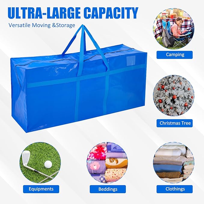 Windyun 4 Pack 155 Gallon Extra Large Moving Bags XXL Heavy Duty Storage Bag with Strong Zipper Handle Jumbo Big Tote Box Foldable for College Dorm Travel Clothes Duffle Blanket Pillow(Blue)