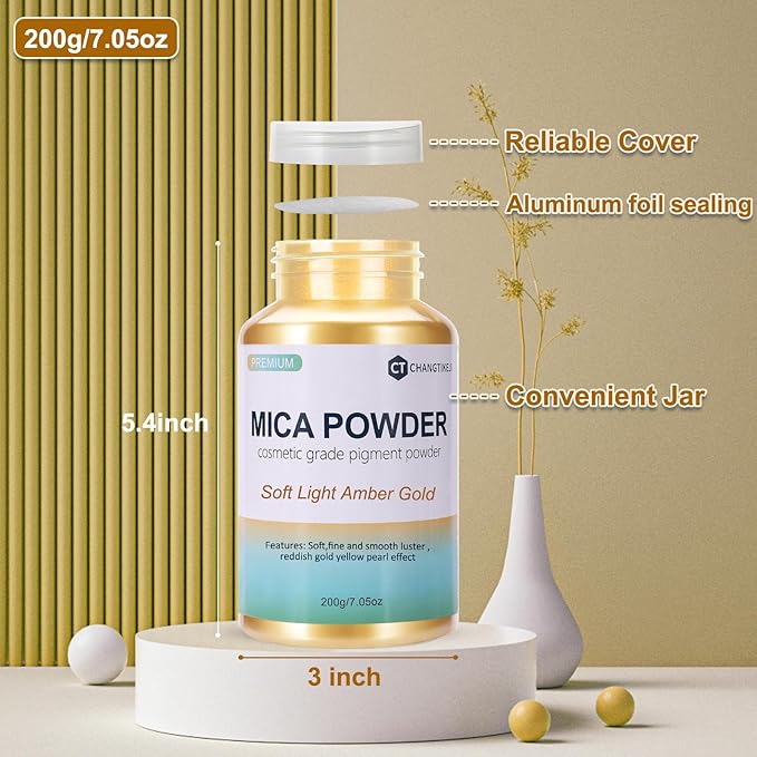 Mica Powder,7.05OZ（200g）,Soft Light Amber Gold Mica Powder Pigment for Epoxy Resin，Lip Gloss，Car Paint，Dye，Soap Making，Nail Polish,Epoxy Resin,Candle Making,Bath Bombs