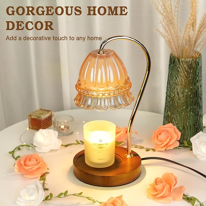Funistree Glass Candle Warmer Lamp with Timer, Flower Candle Lamp, Birthday Gifts for Women, Mom, Female Friend, Candle Lamp Warmer Gifts, Electric Dimmable Candle Warmer, Vintage Home Decor, Amber